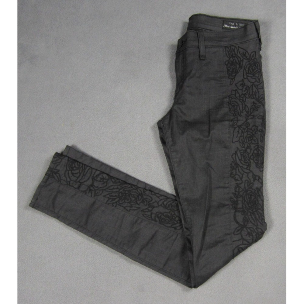 Rag Bone Pants Womens 26 Black Floral Embroidery Skinny Leg Stretch Made USA